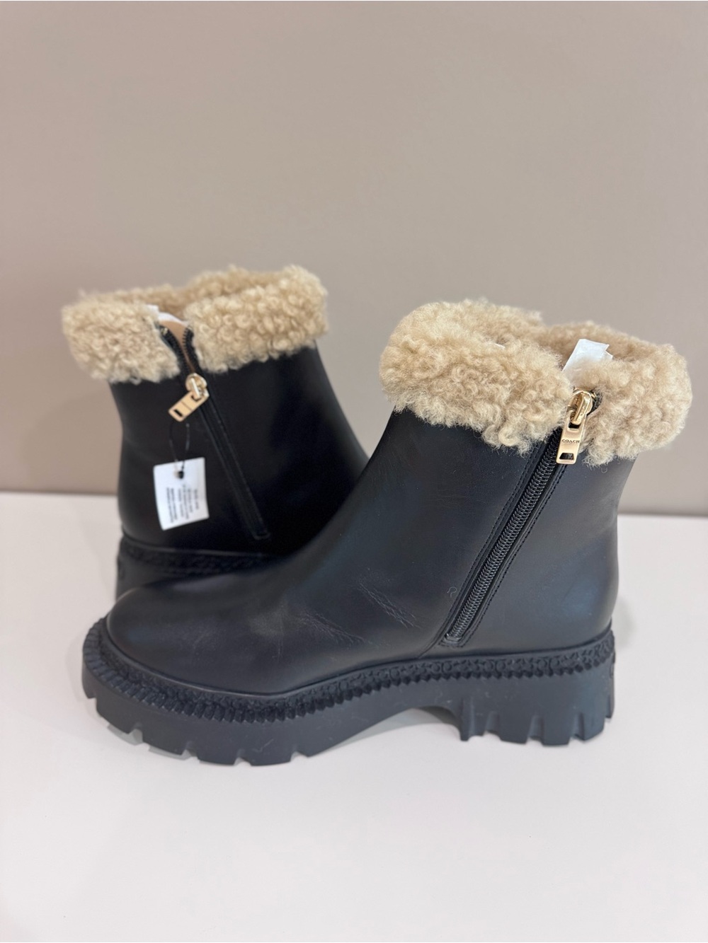 Coach Black Leather Ankle Boots with Cream Shearling Cuff (no box)